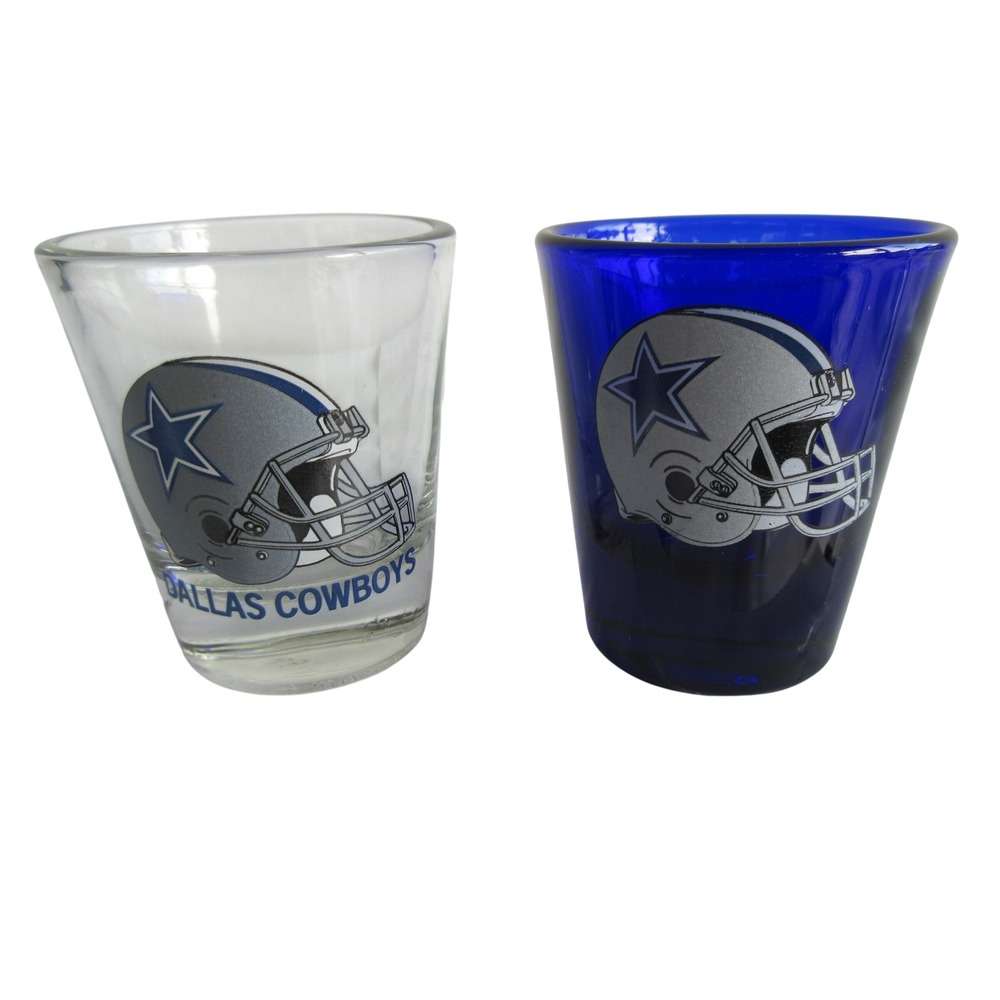 Dallas Cowboys Shot Glass Set Clear and Cobalt Blue Helmet Logo NFL Barware 2pc